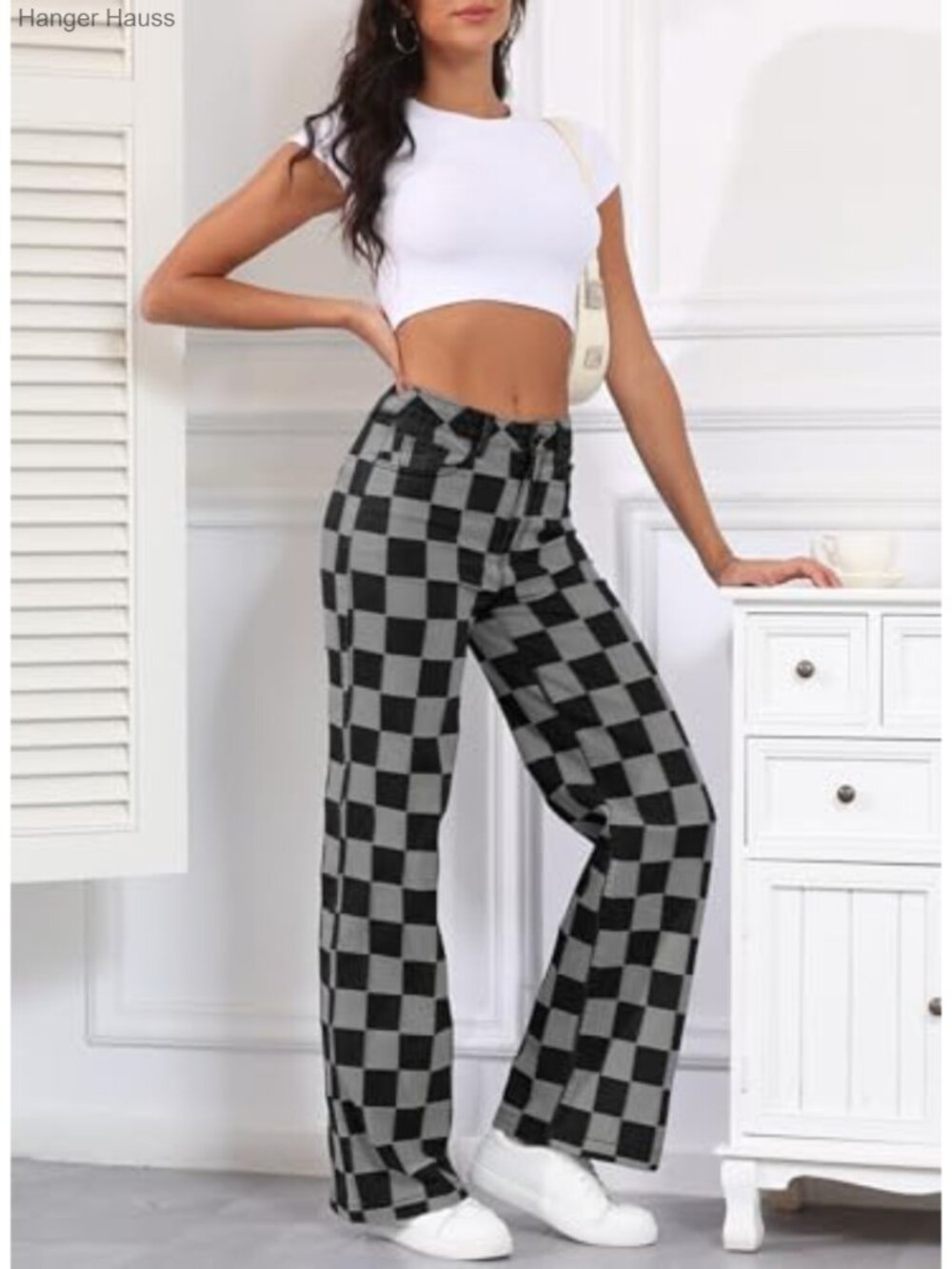 High Waisted Wide Leg Checkered Denim Jeans Stretch Straight Leg Pants - Picture 6 of 6